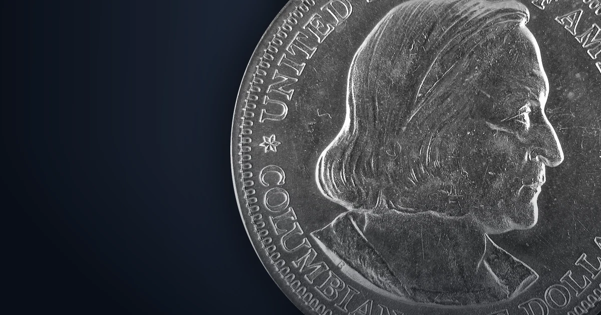 The obverse of an 1892 Columbian Exposition half dollar, showing the bust of Christopher Columbus