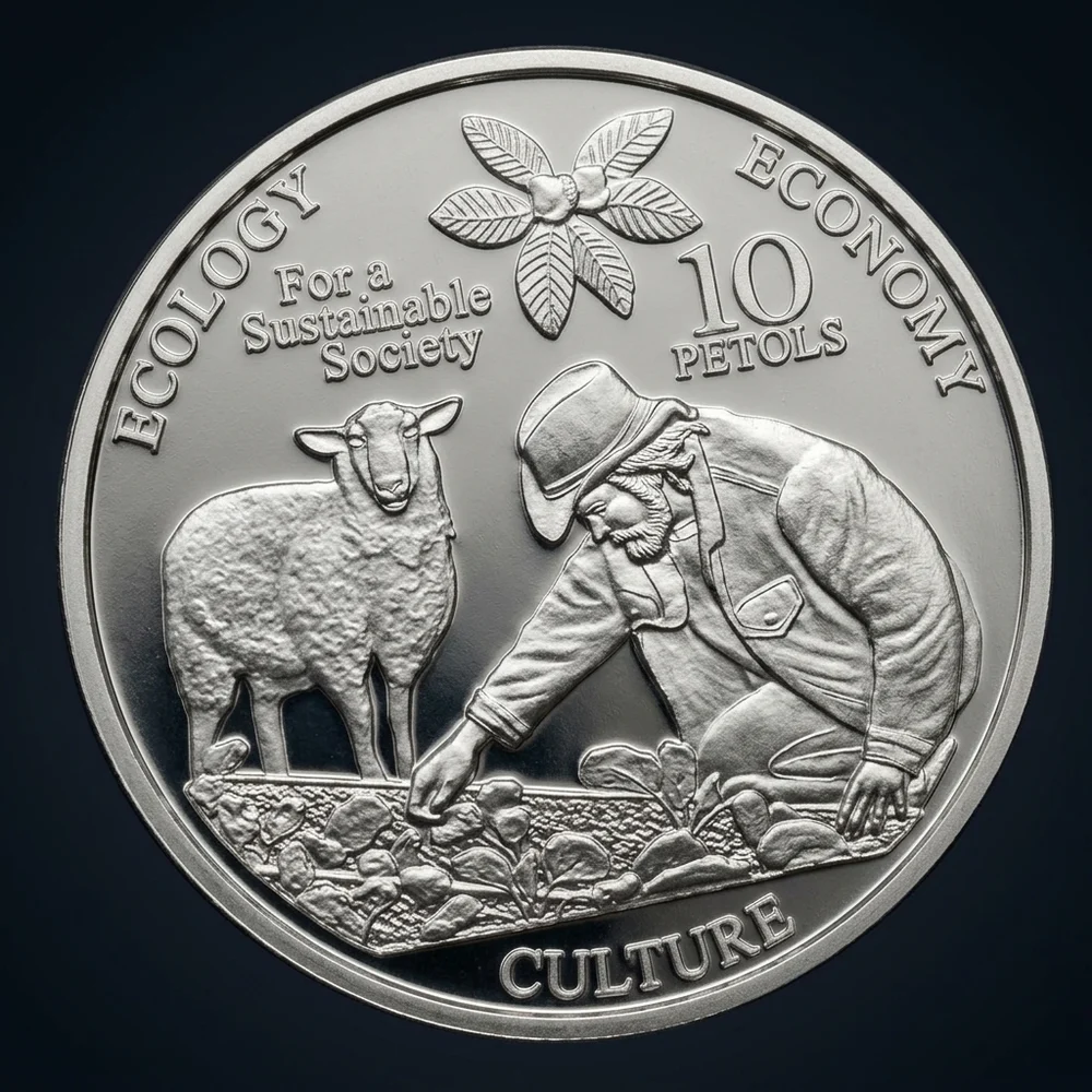 The 10 Petols coin, showing a man tending a garden bed beside a sheep, with the words Ecology, Economy, and Culture around the rim