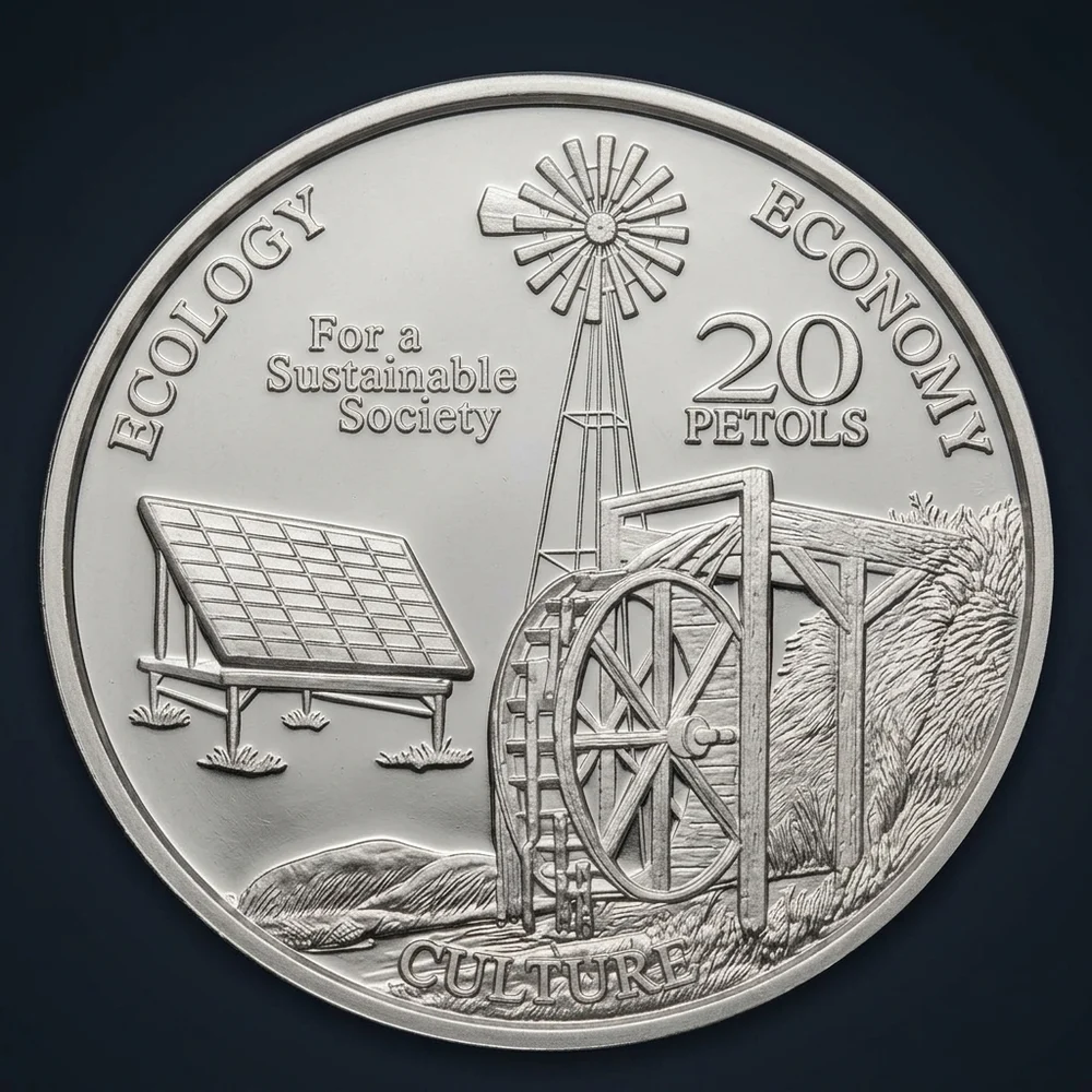 The 20 Petols coin, showing a solar panel, a windmill, and a waterwheel