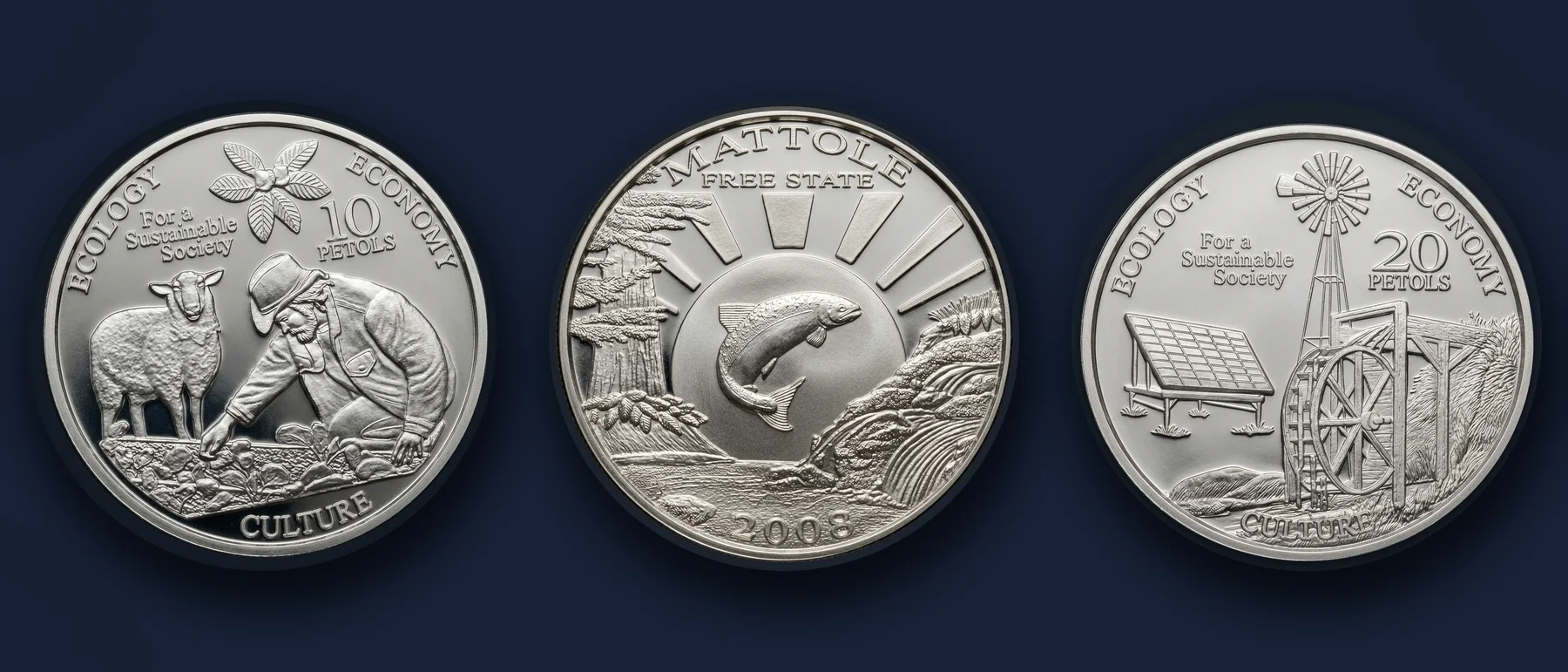 Three Petol silver coins on a dark navy background: the 10 Petols, the Mattole Free State 2008 side, and the 20 Petols